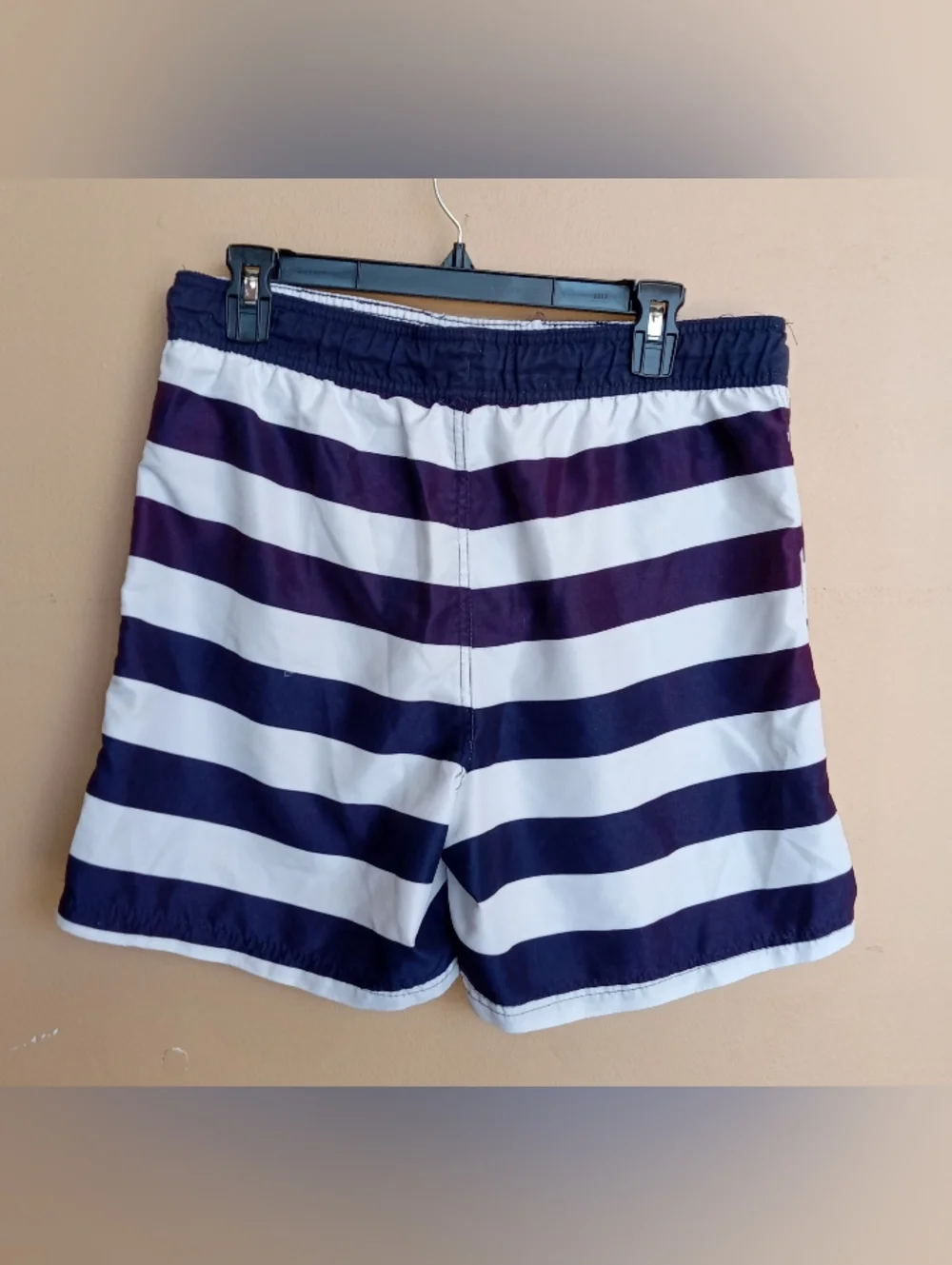 Striped Navy & White Swim Trunks with Orange Drawcord